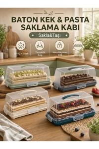 Baton Kek & Pasta Saklama Kabı – Şeffaf Kapaklı, Hava Geçirmez Kilitli, Taşıma Kulplu 33x12x15 cm